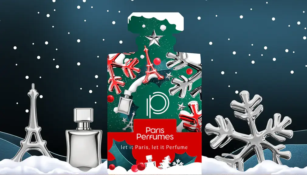Zelená krabica kalendára Paris Perfumes 2026 v tvare flakónu, s červenými snehovými vločkami a nápisom let it Paris, let it Perfume