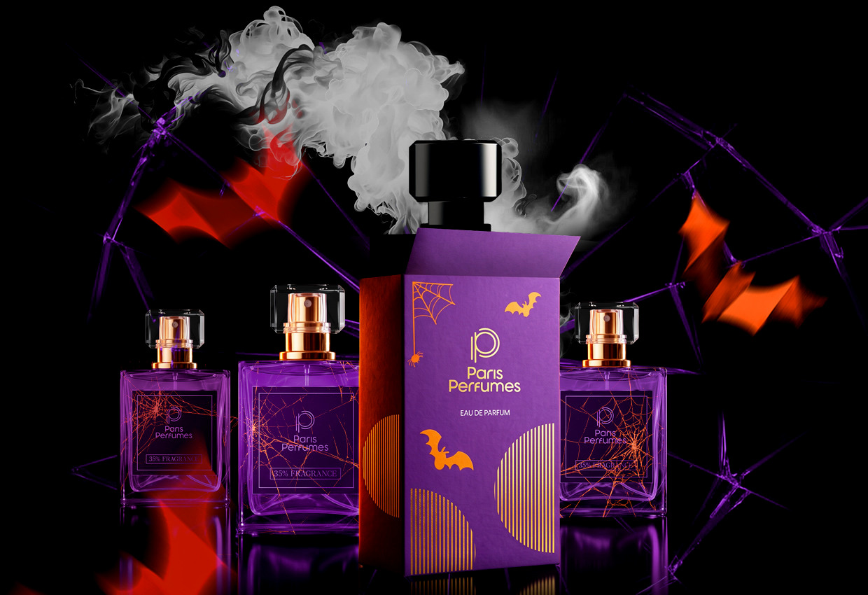 Tri fialové flakóny Paris Perfumes a halloweenska krabička medzi dymom, netopiermi a pavučinami