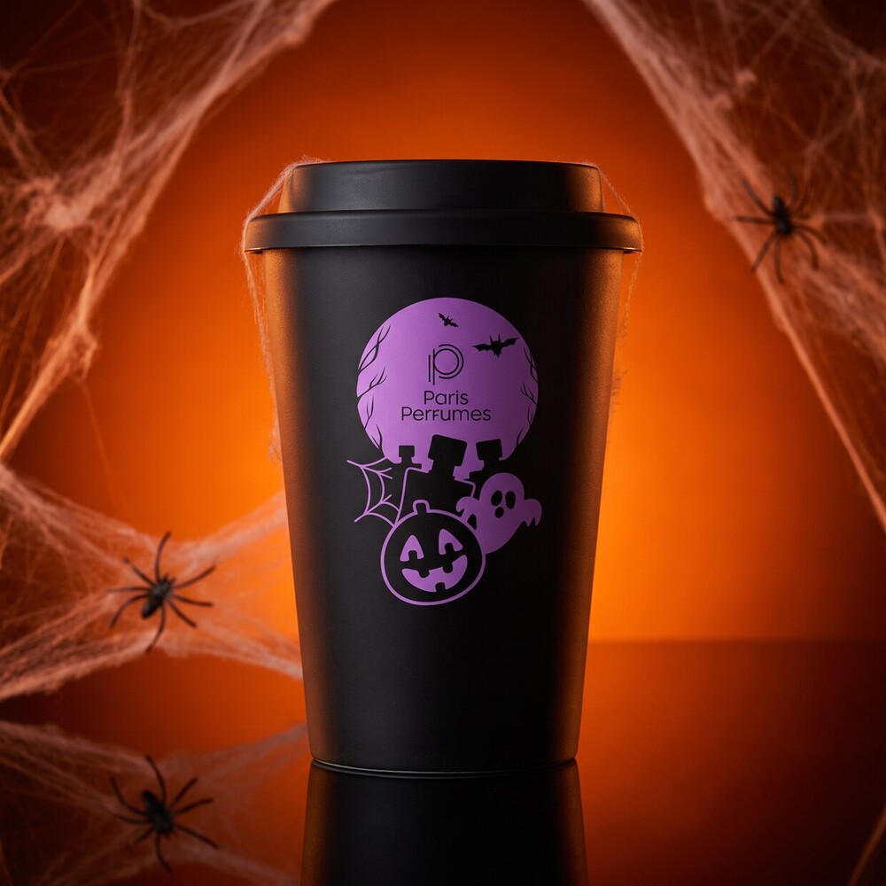 Čierny termohrnček Hokus Paris Halloween Edition na oranžovom pozadí s pavučinou