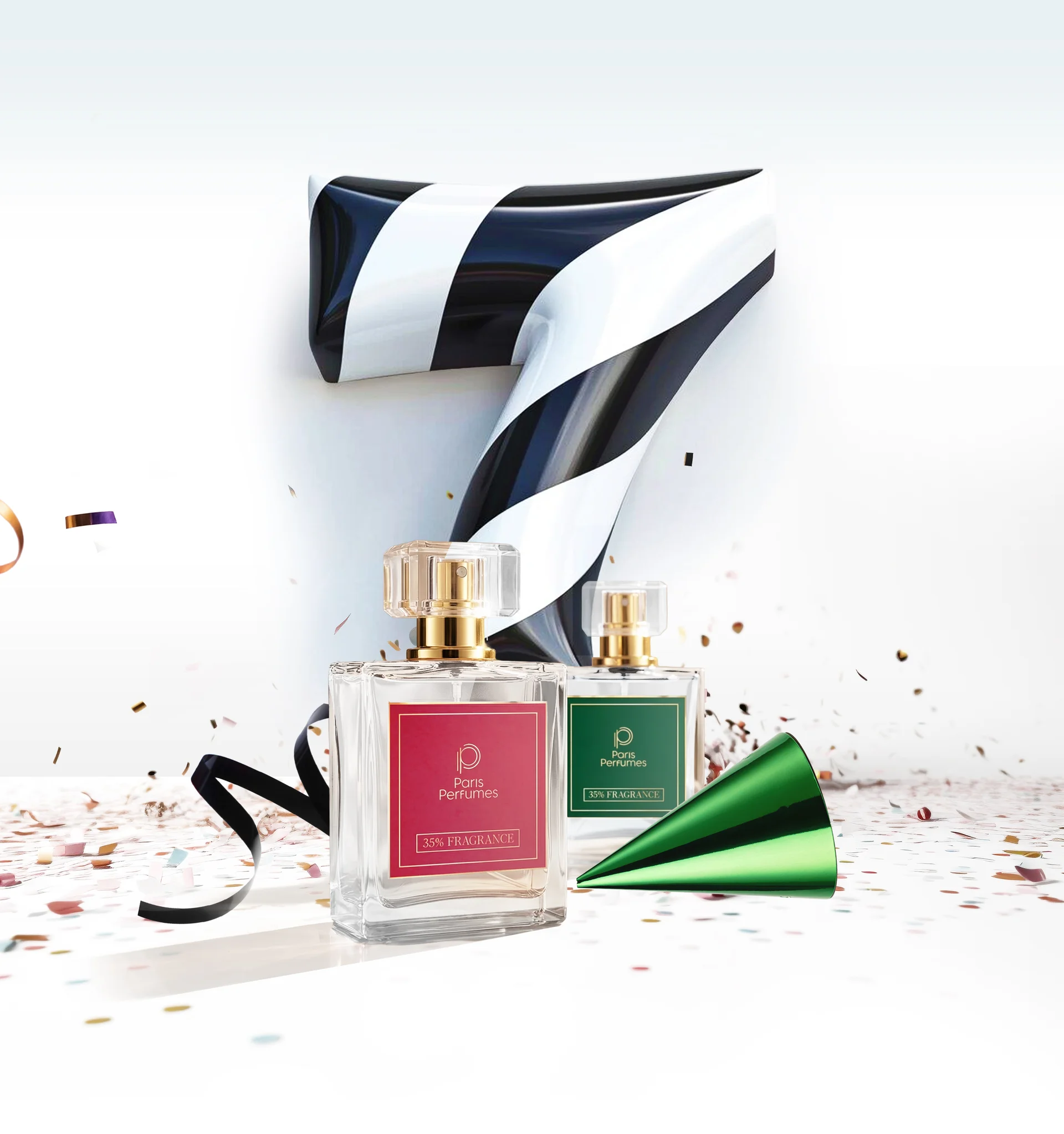 Narodeninová kompozícia s číslicou 7 a flakónmi Paris Perfumes