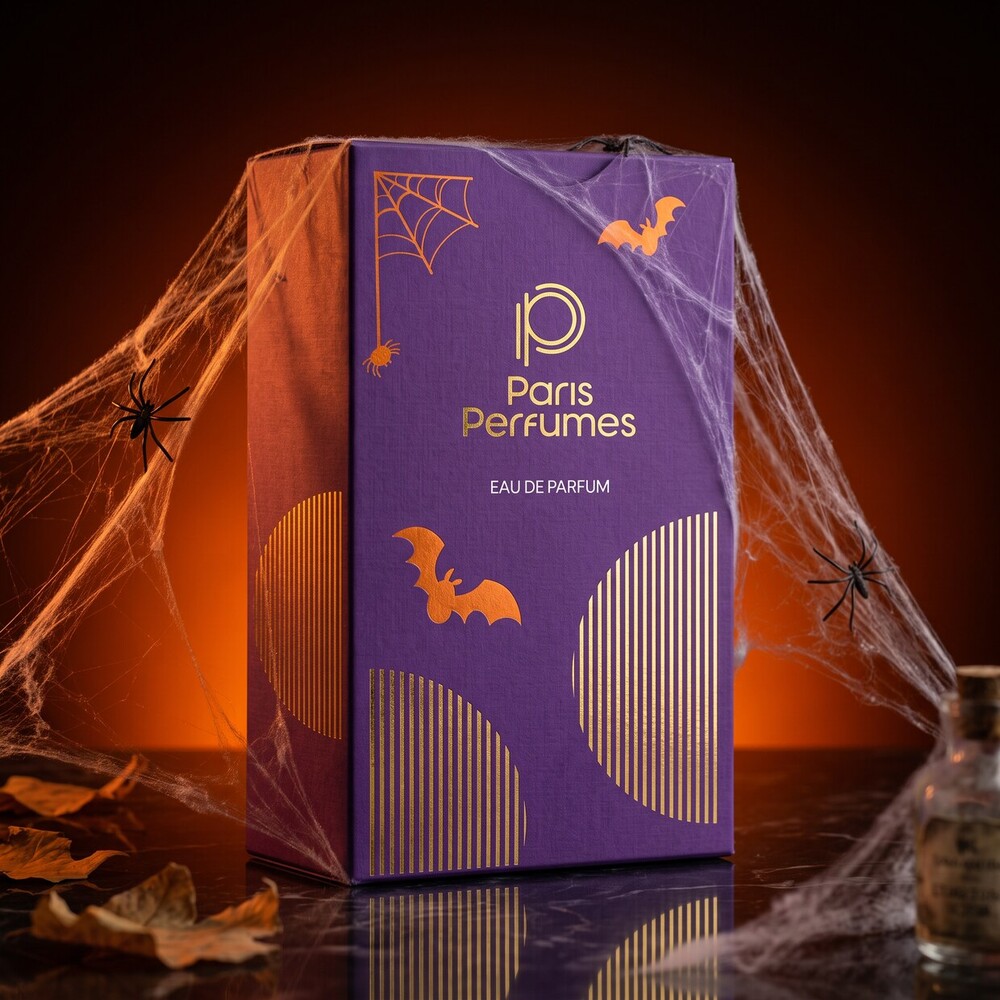 Fialovo-oranžová krabička BLIND BOX Paris Perfumes v halloweenskej scenérii