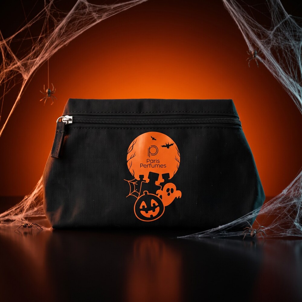 Čierna mini kozmetická taštička Spell Pouch s tekvicou Paris Perfumes na pozadí pavučiny